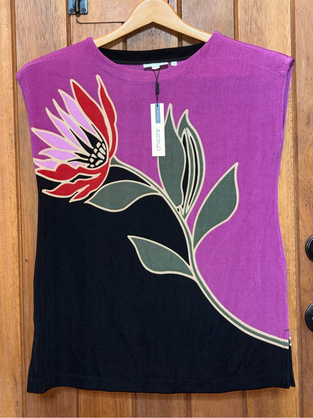 Travelers by Chico's Black & Purple Floral Top with Signature Fabric